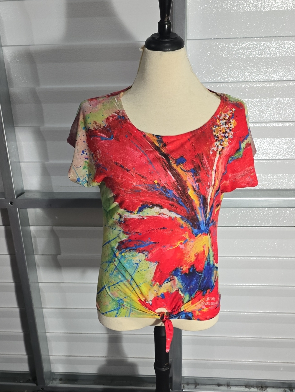 Leoma Lovegrove Vibrant Red Floral Tie-Hem Short Sleeve Women’s Tee Size Small‎